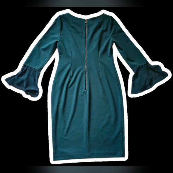 Calvin Klein Forest Green Chiffon Bell Sleeve Sheath Dress - Size 10 - Picture 4 of 12